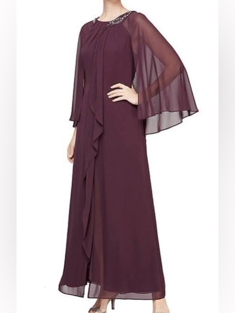 NWOT SLNY Women's Asymmetrical Chiffon Dress with Embellished Collar - Plum